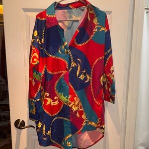Vibrant Chain Print Button-Up Shirt Dress
